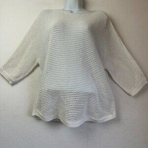 J Jill Sweater Womens M‎ White crochet mesh knit 3/4 sleeves casual lightweight